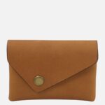 Brown leather envelope-style wallet with a brass snap closure against a plain background