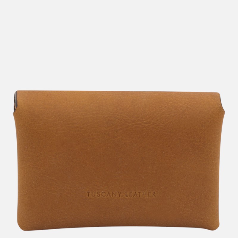 Brown leather pouch/wallet with a subtle embossed 'TUSCANY LEATHER' logo, simple rectangular shape.