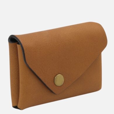 Brown leather envelope-style wallet with a brass snap button