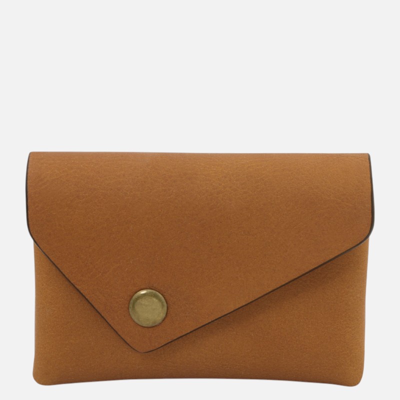 Brown leather envelope-style wallet with a brass snap closure against a plain background