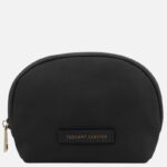 Small black leather pouch with a gold zipper and a Tuscany Leather brand label on the front.