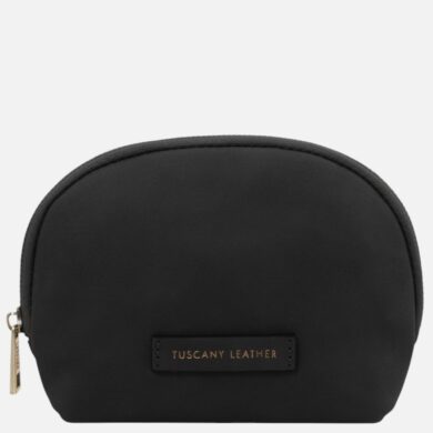 Small black leather pouch with a gold zipper and a Tuscany Leather brand label on the front.