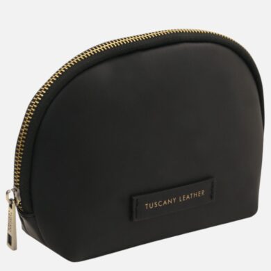 Black curved leather coin purse with a gold zipper and a Tuscany Leather brand tag on the front