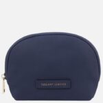 Navy blue semi-circular leather cosmetic bag with a gold zipper and a small Tuscany Leather tag on the front.
