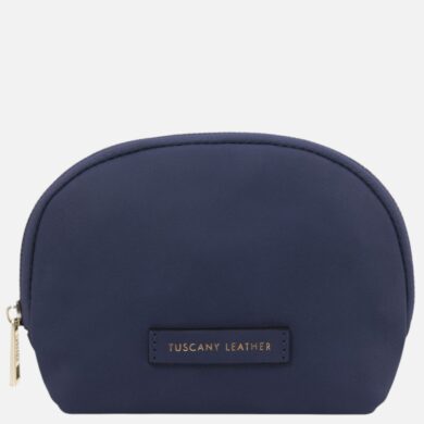 Navy blue semi-circular leather cosmetic bag with a gold zipper and a small Tuscany Leather tag on the front.