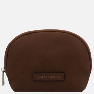 Brown leather mini pouch with a zip closure and a stitched label reading 'TUSCANY LEATHER' on the front.