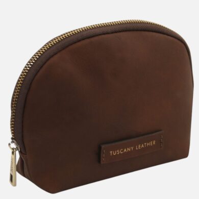Small brown leather zippered pouch with a gold zipper and a Tuscany Leather label on the front