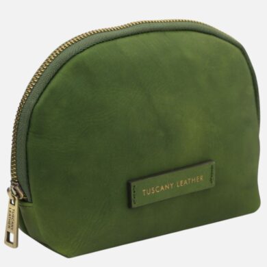 Green leather zippered pouch with a gold-toned zipper and a Tuscany Leather brand tag on the front