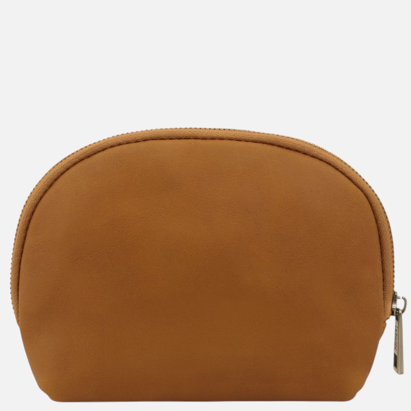 Brown leather cosmetic bag with a top zipper and rounded shape, handheld-sized accessory.