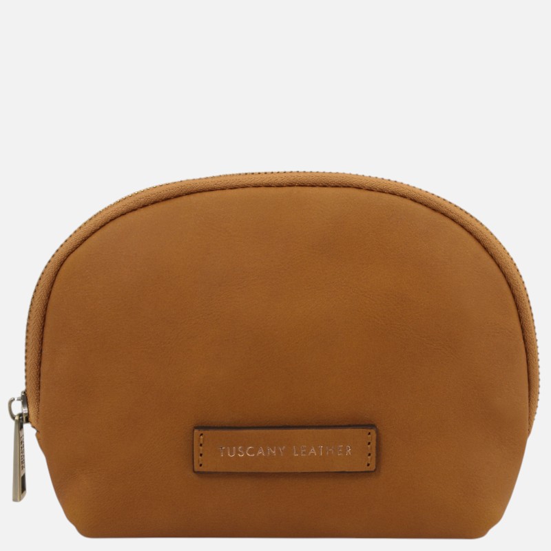 Brown leather coin purse with a top zipper and a small stitched 'Tuscany Leather' badge on the front.
