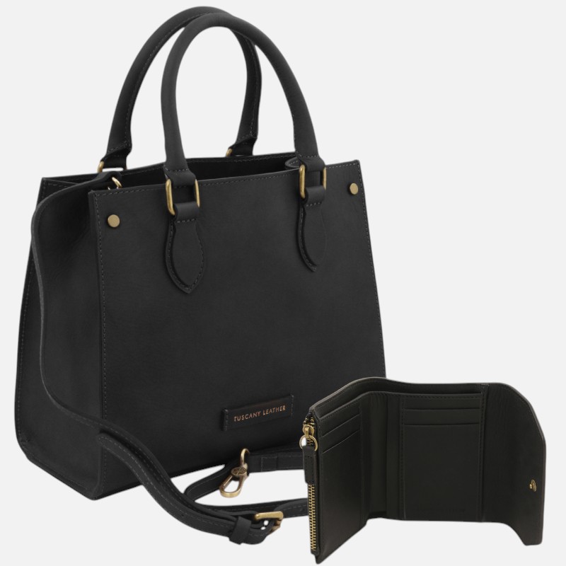 Cipro Leather Handbag and Leather Wallet - Μαύρο - Image 2