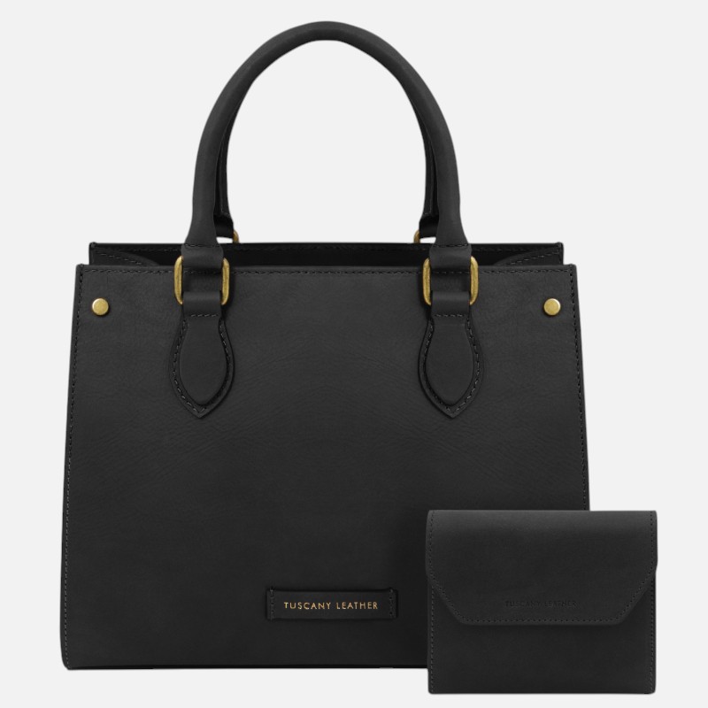 Cipro Leather Handbag and Leather Wallet - Μαύρο