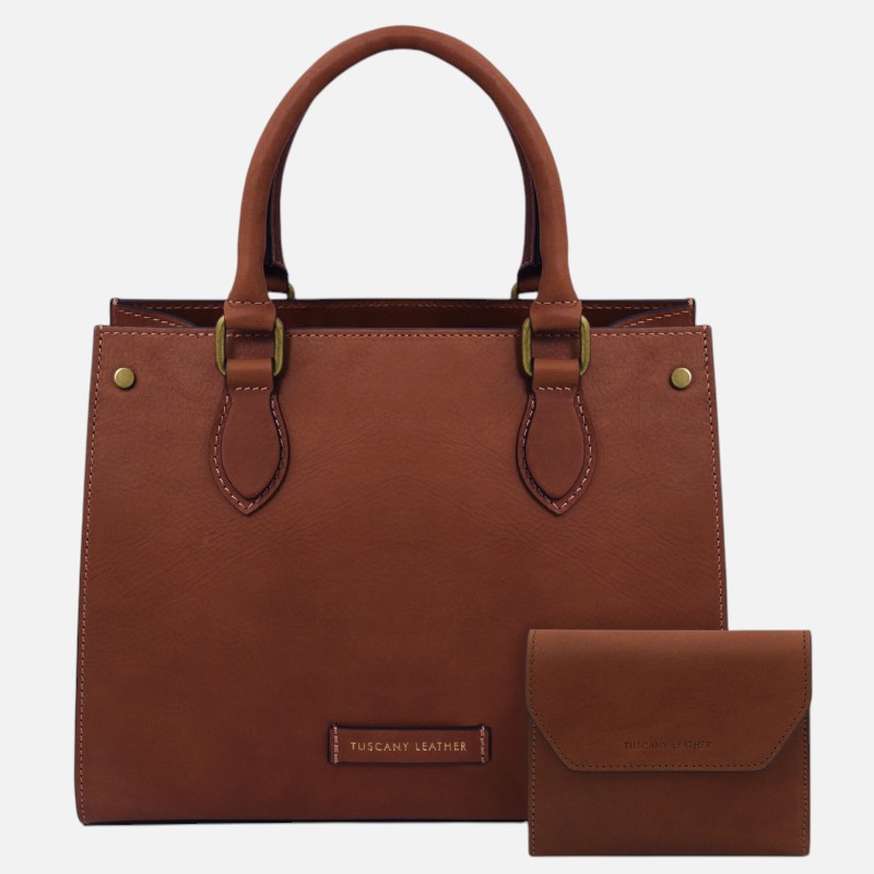 Cipro Leather Handbag and Leather Wallet - Καφέ
