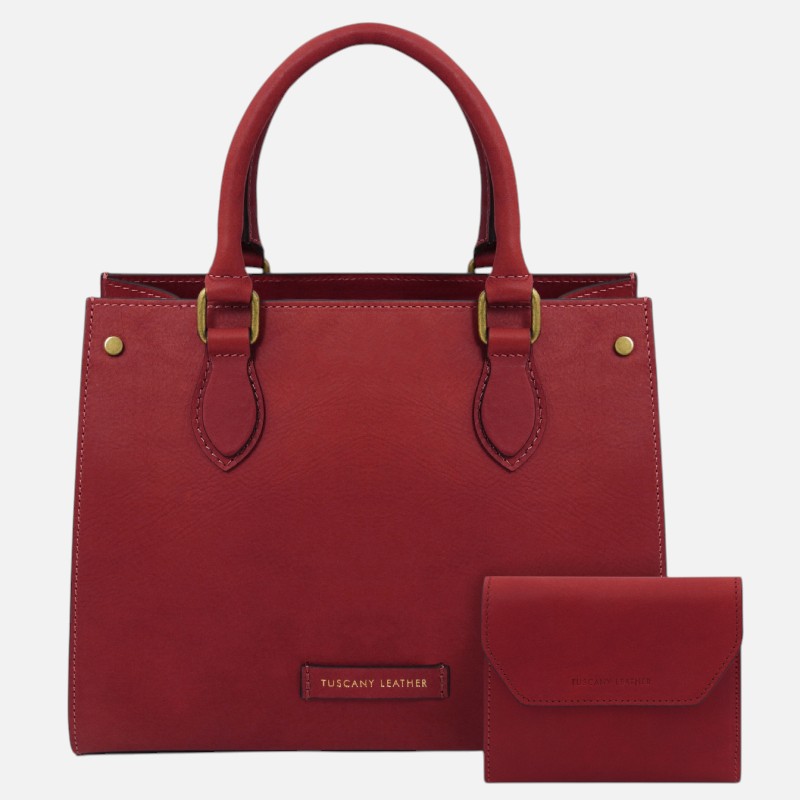 Cipro Leather Handbag and Leather Wallet - Κόκκινο