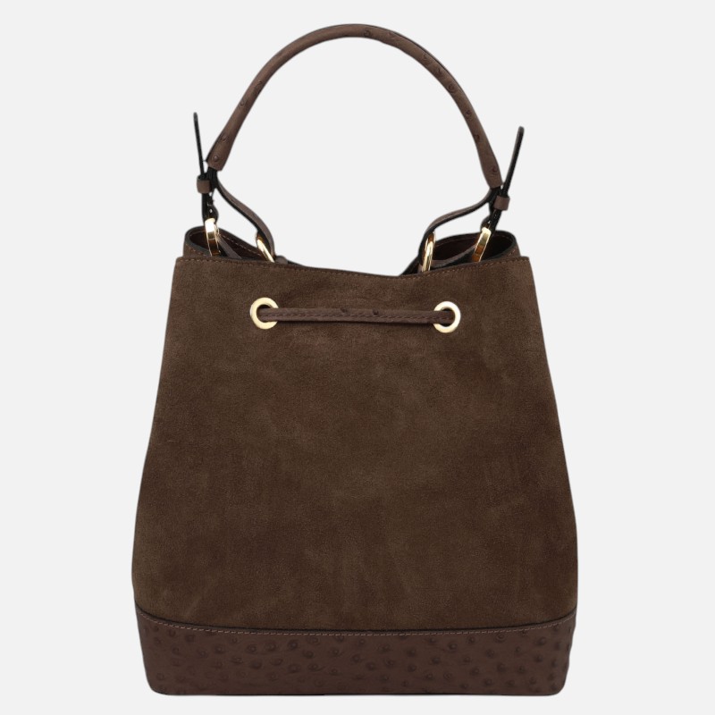 Ostrea Suede and ostrich-effect printed leather bucket bag - Σοκολατί - Image 5
