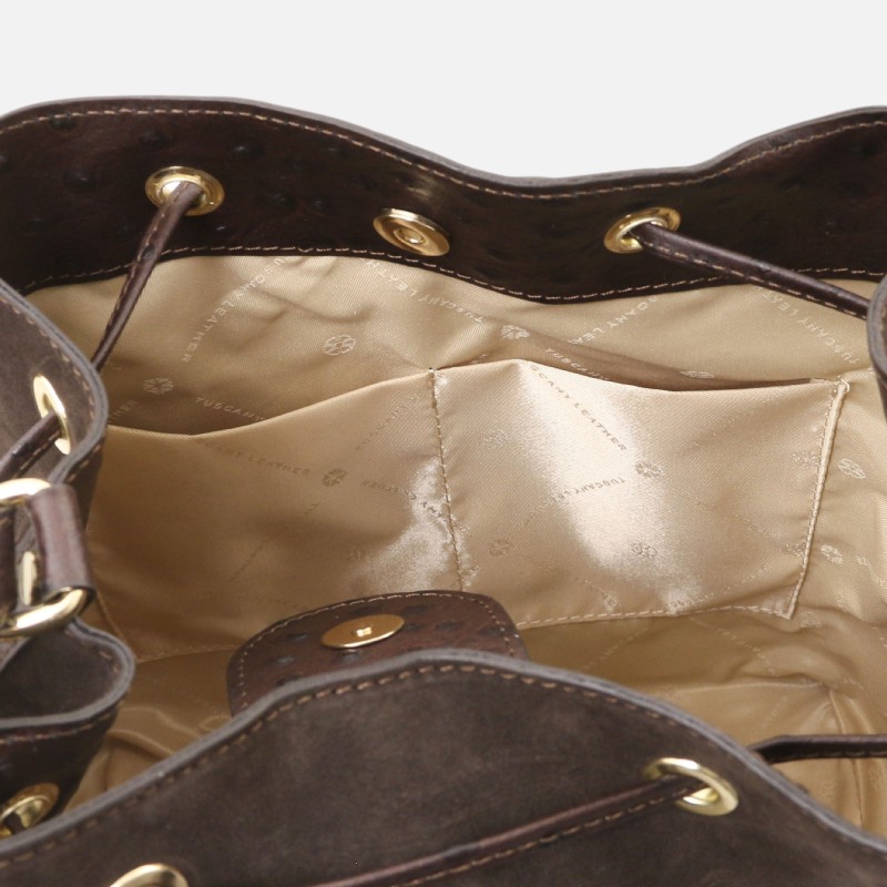 Ostrea Suede and ostrich-effect printed leather bucket bag - Σοκολατί - Image 4
