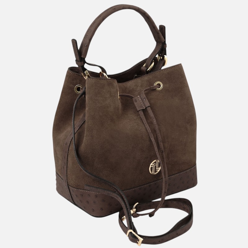Ostrea Suede and ostrich-effect printed leather bucket bag - Σοκολατί - Image 2