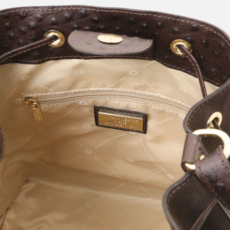 Ostrea Suede and ostrich-effect printed leather bucket bag - Σοκολατί - Image 3