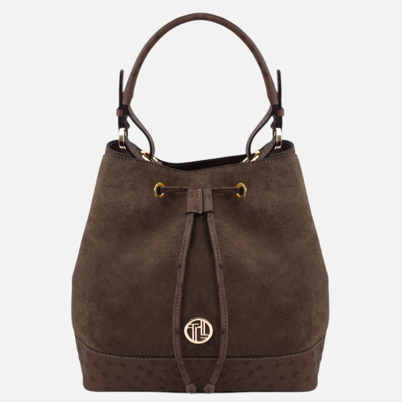 Ostrea Suede and ostrich-effect printed leather bucket bag - Σοκολατί