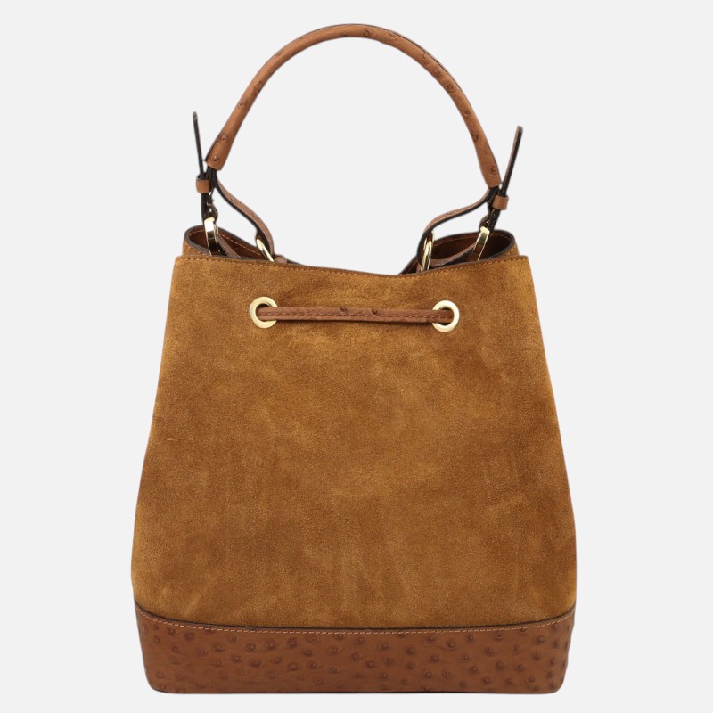 Ostrea Suede and ostrich-effect printed leather bucket bag - Κονιάκ - Image 5