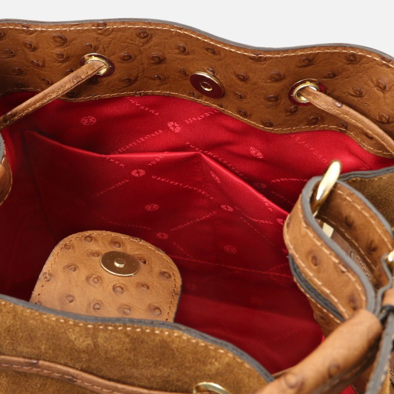 Ostrea Suede and ostrich-effect printed leather bucket bag - Κονιάκ - Image 4