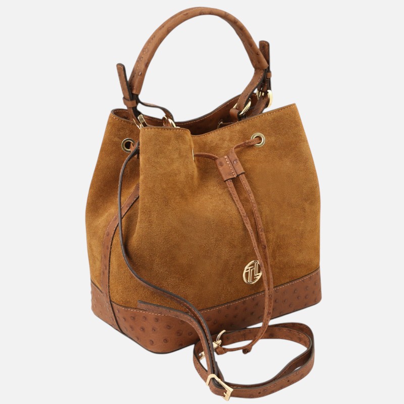 Ostrea Suede and ostrich-effect printed leather bucket bag - Κονιάκ - Image 2