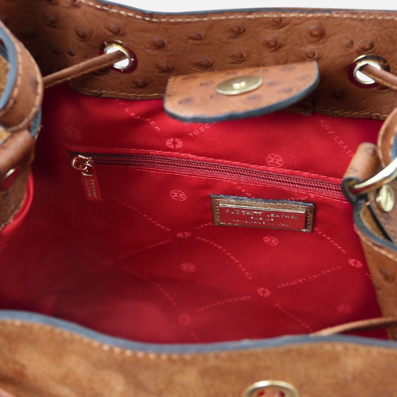 Ostrea Suede and ostrich-effect printed leather bucket bag - Κονιάκ - Image 3