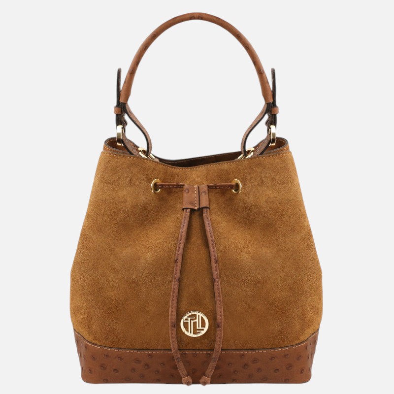 Ostrea Suede and ostrich-effect printed leather bucket bag - Κονιάκ