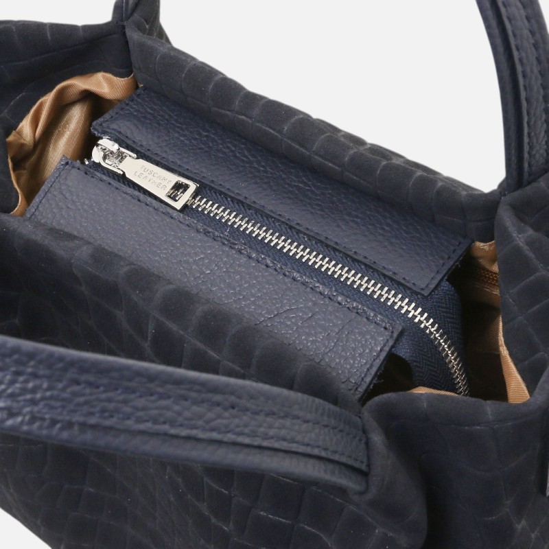 Nora Cocoon Suede leather handbag with croc print - Μπλε σκούρο - Image 3