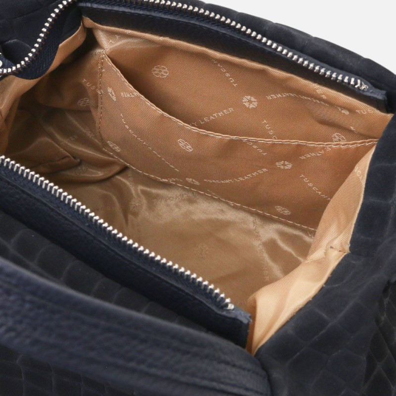 Nora Cocoon Suede leather handbag with croc print - Μπλε σκούρο - Image 5