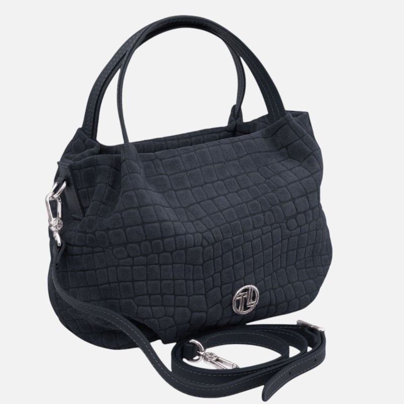 Nora Cocoon Suede leather handbag with croc print - Μπλε σκούρο - Image 2