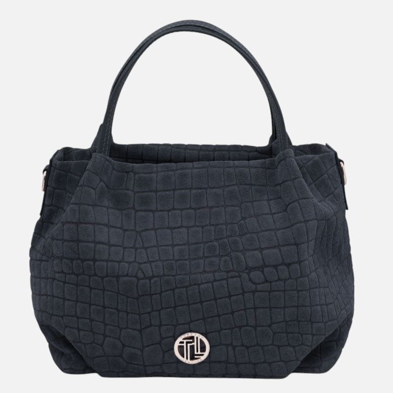 Nora Cocoon Suede leather handbag with croc print - Μπλε σκούρο