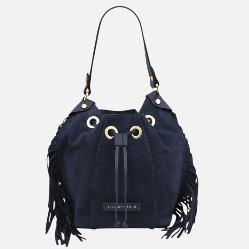 Nomade Suede leather fringe bucket bag - Μπλε σκούρο