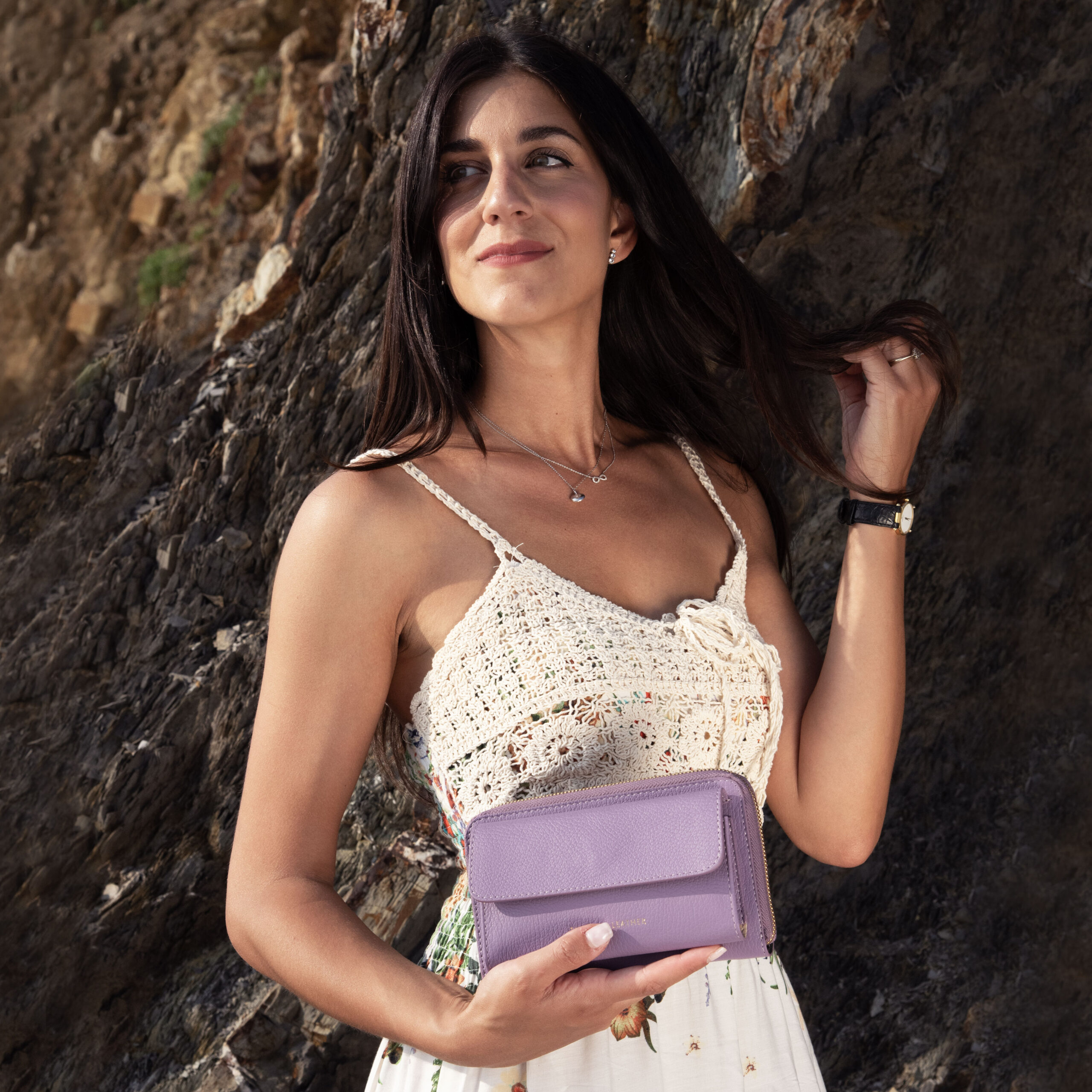 Urania Leather wallet/phone holder with strap - Σοκολατί - Image 7