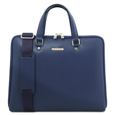 Blue leather briefcase with double top handles and a detachable dark blue shoulder strap.
