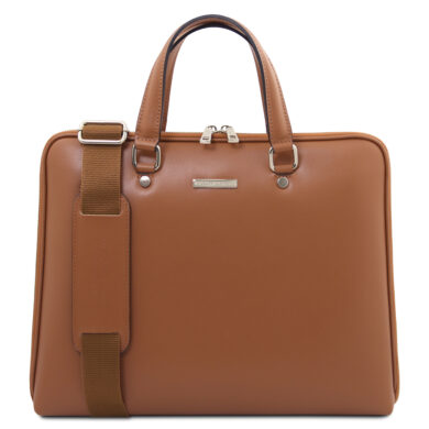 Brown leather briefcase with two top handles and a detachable shoulder strap on the left side