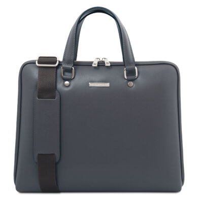 Navy blue leather briefcase with two top handles, a detachable shoulder strap, and silver hardware against a light background.