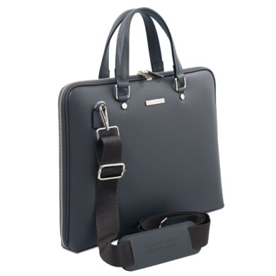 Navy laptop briefcase with top handles and a detachable shoulder strap, metal hardware, and a slim rectangular shape
