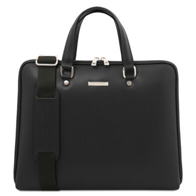 Black leather briefcase with two top handles and a detachable shoulder strap, front view