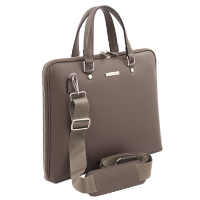 Brown leather briefcase with two top handles and a detachable shoulder strap, viewed from the front.