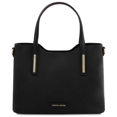 Black leather tote bag with two top handles and gold vertical accents, brand label reads 'Tuscany Leather' on the front.