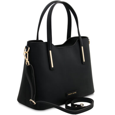 Black leather tote bag with gold-tone hardware and a detachable strap.