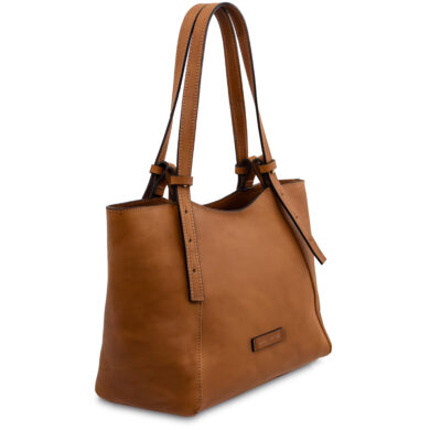 Tan leather tote bag with double top handles and stitching detail