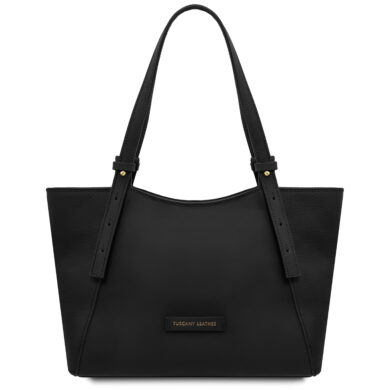 Black leather handbag with two shoulder straps seen from the front, featuring a small brand plaque at the bottom center.