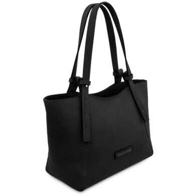 Black leather tote bag with double handles and a minimalist design.