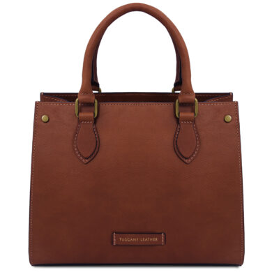 Brown leather handbag with two rounded handles, visible stitching, and a small Tuscany Leather label on the front.