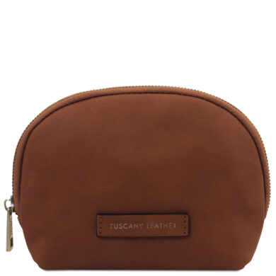 Brown leather zippered pouch with rounded top and a stitched Tuscany Leather label on the front.