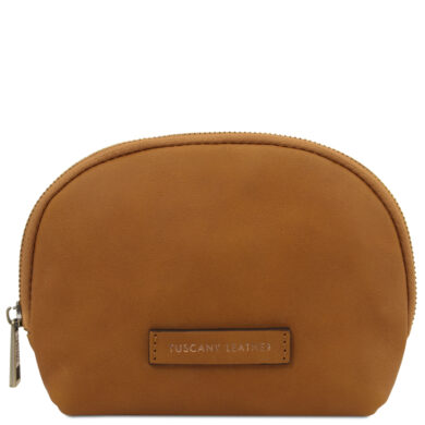 Brown leather coin purse with a top zipper and a small stitched 'Tuscany Leather' badge on the front.