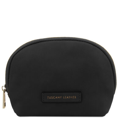 Small black leather pouch with a gold zipper and a Tuscany Leather brand label on the front.