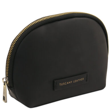 Black curved leather coin purse with a gold zipper and a Tuscany Leather brand tag on the front